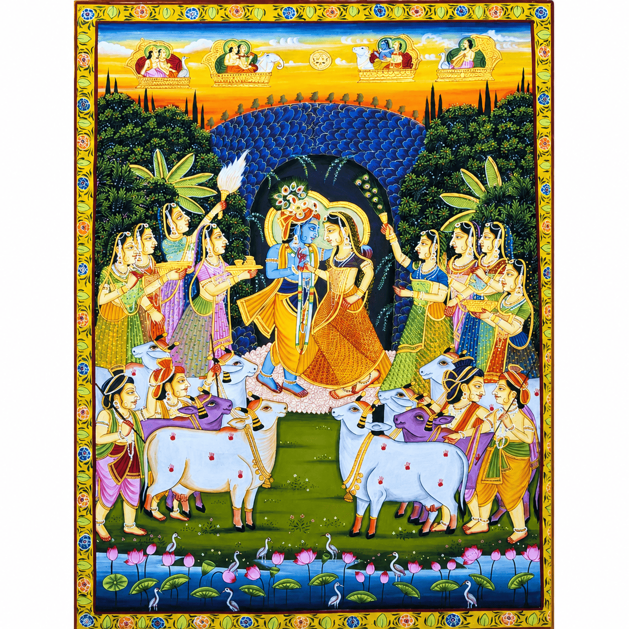 Handmade Pichwai Painting of Krishna with Gopis, Cows & Lotus | Nathdwara Art